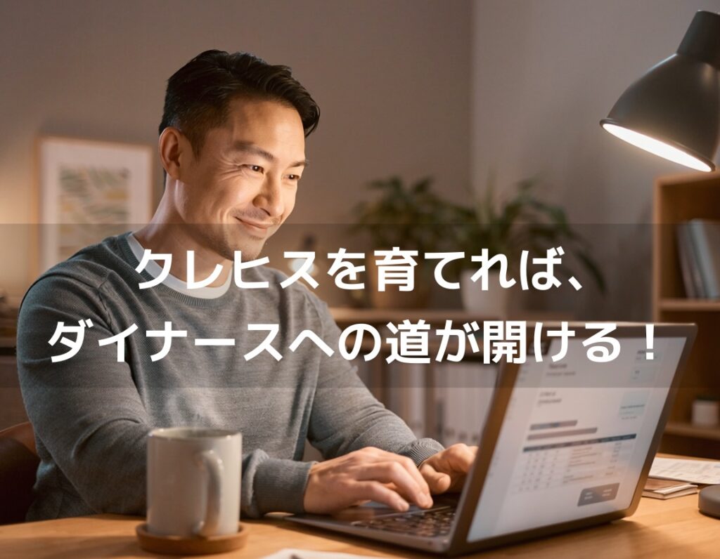 自宅でパソコンを前に信用情報の改善を確認し前向きな表情の40代男性