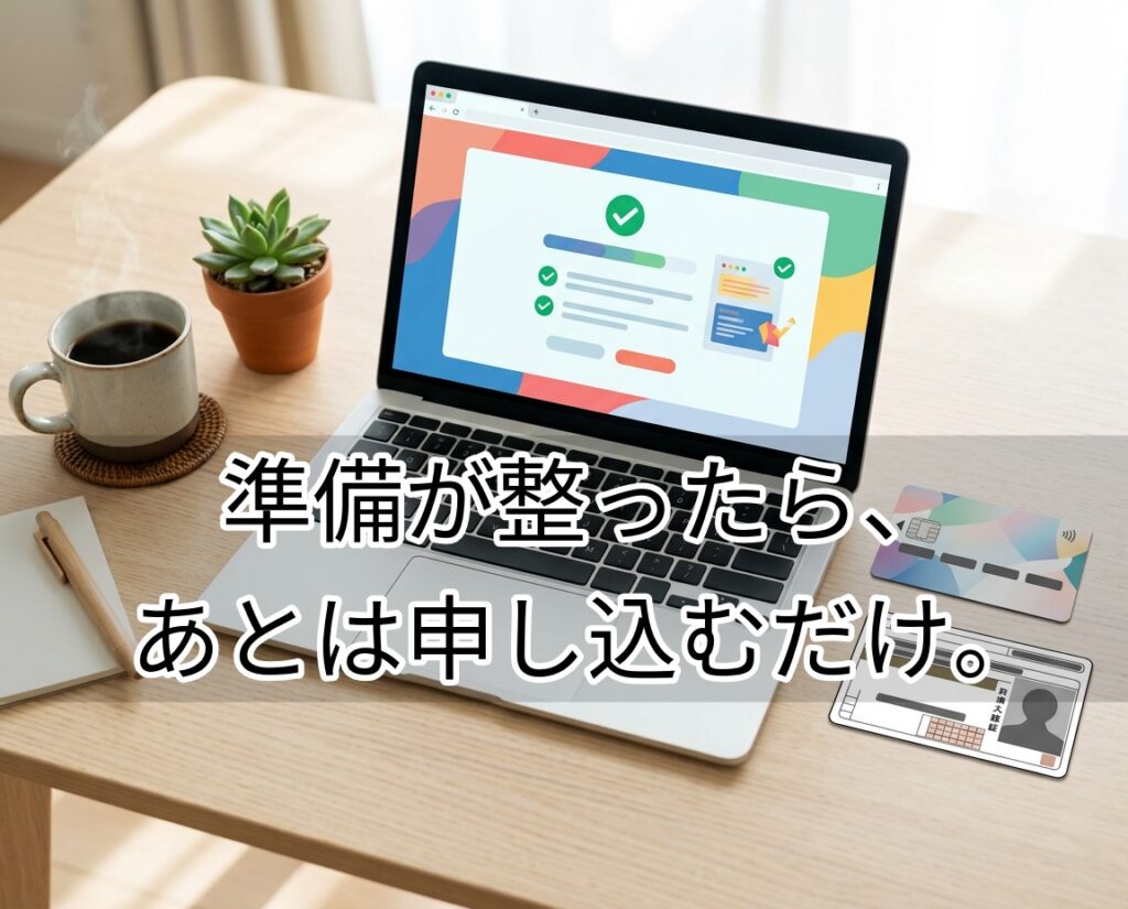 ノートパソコンでクレジットカードのオンライン申込をしている様子とカード・本人確認書類