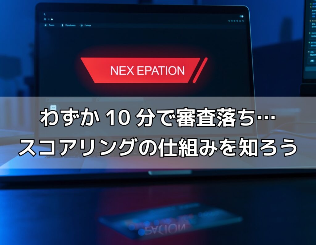 パソコン画面に審査否決の通知が表示され手前にクレジットカードが置かれた様子