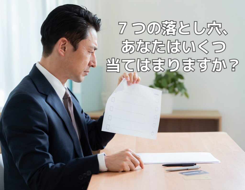 スーツ姿の男性がクレジットカード審査のチェックリストを真剣に確認している様子
